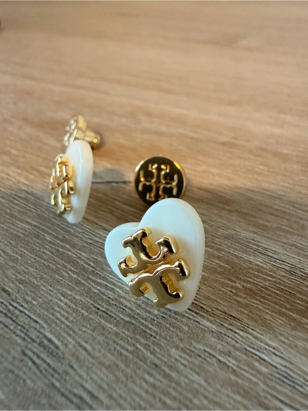 Tory Burch White Enamel Heart Logo Stud Earrings